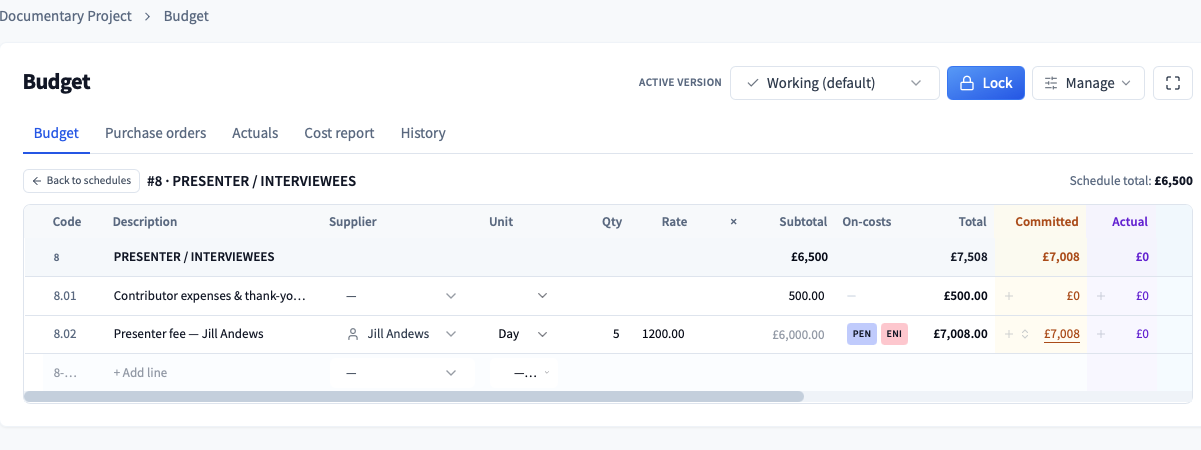 The MotionHub budget for schedule 8 PRESENTER / INTERVIEWEES, showing line 8.02 Presenter fee for Jill Andews at 5 days by 1200, with on-cost badges and 7,008 pounds committed